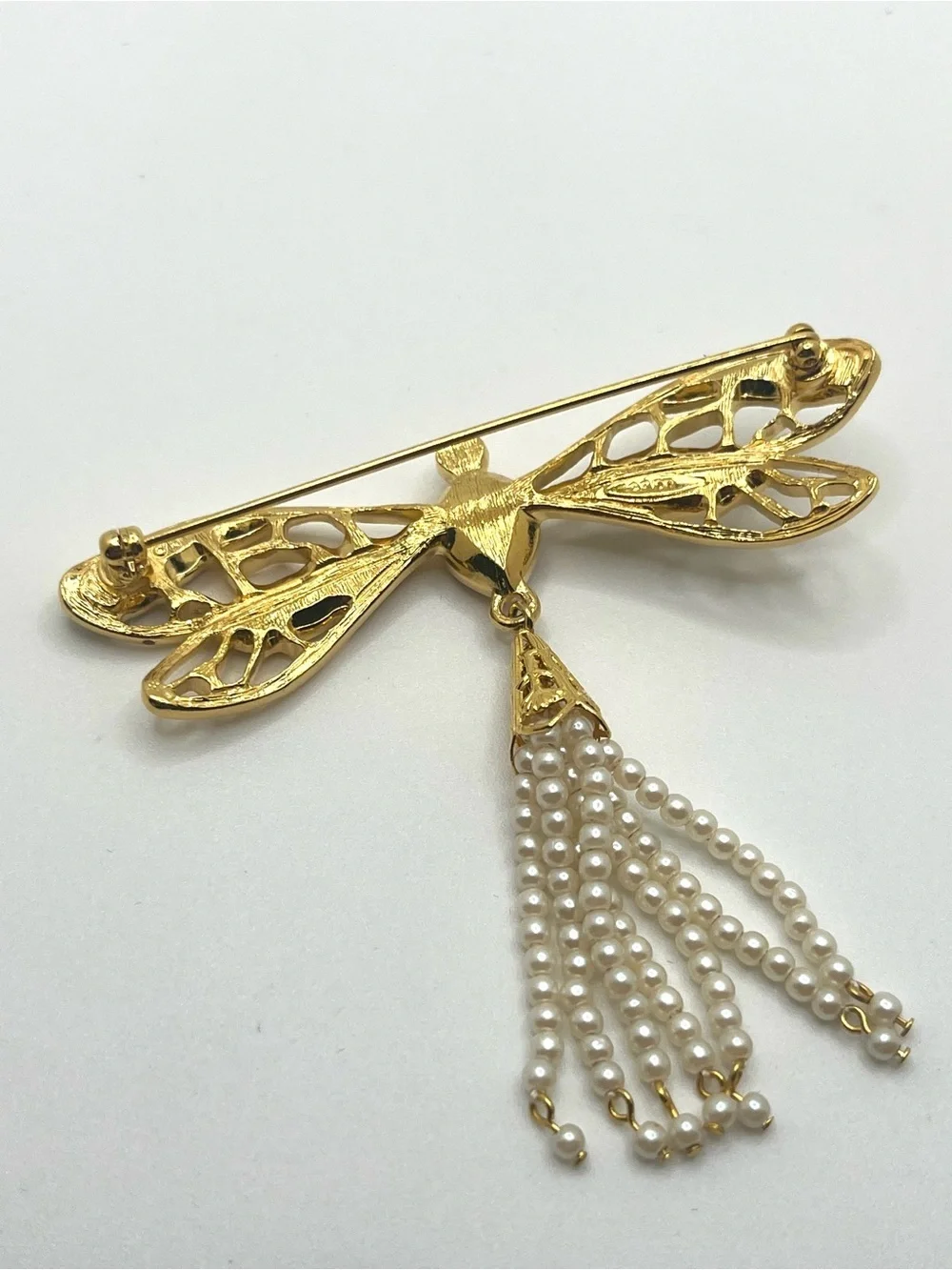 Vintage Avon dragonfly brooch faux pearl tassel pink rhinestone gold tone pin